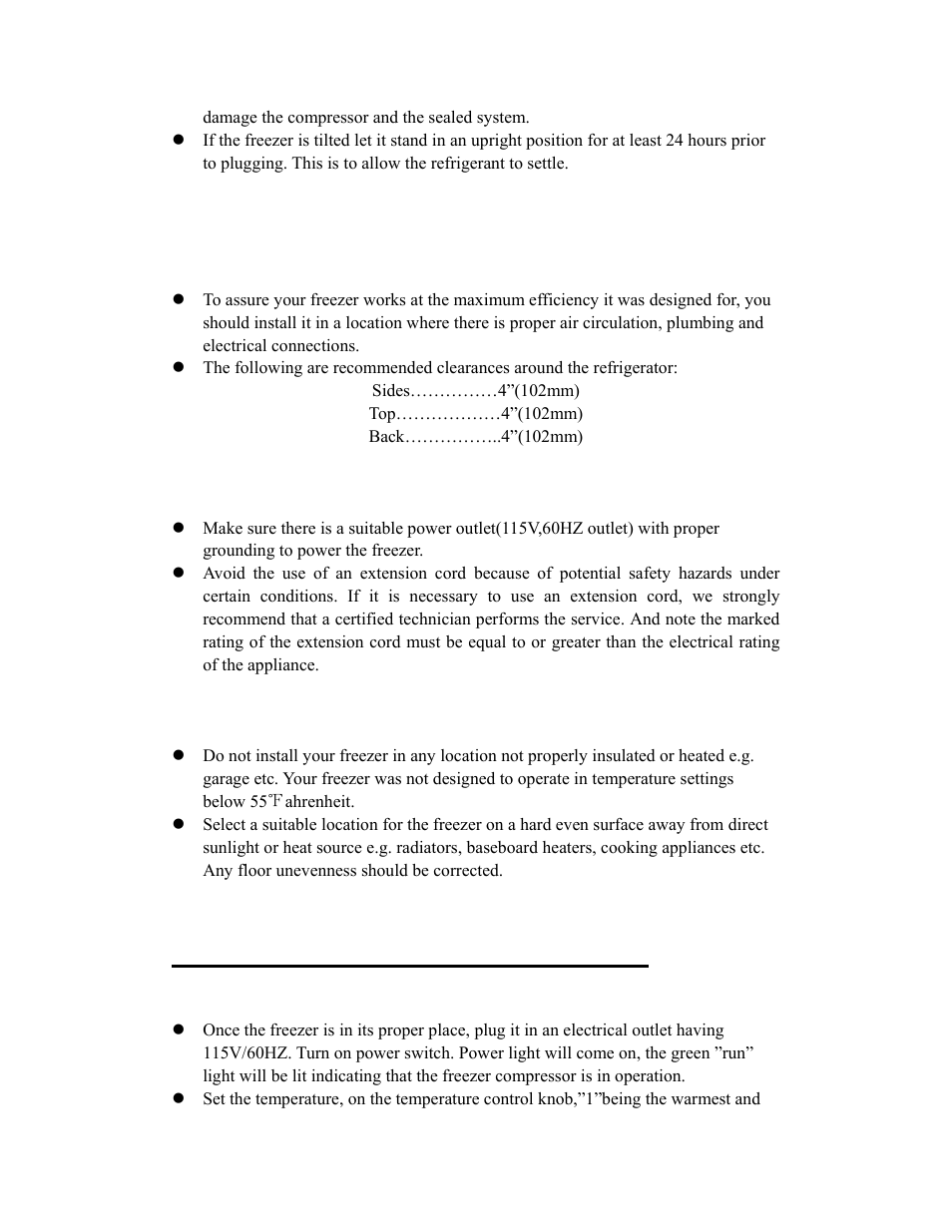 Freezer features and use, English proper air circulation, Electrical requirement | Install limitations, Operation your freezer | Curtis FRF452B User Manual | Page 5 / 9