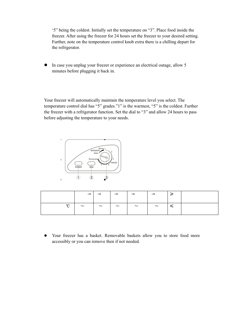 General features, Food storage basket, English | Adjustable temperature dial:(see fig.#1) | Curtis FRF452B User Manual | Page 6 / 9