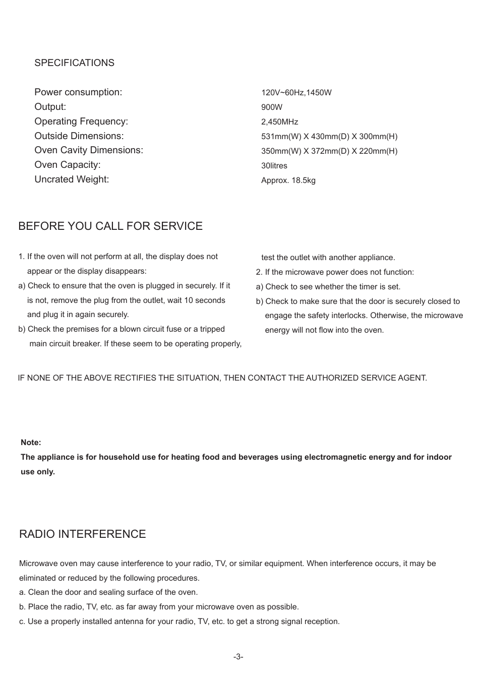 Before you call for service, Radio interference | Curtis OMW1144 User Manual | Page 3 / 10