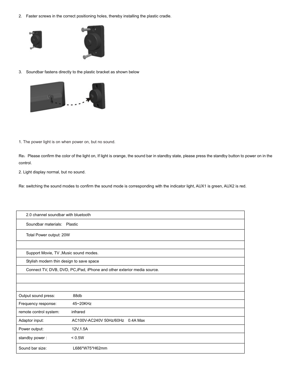 Problem and solutions, Sound bar feature | Curtis SB290 User Manual | Page 5 / 5