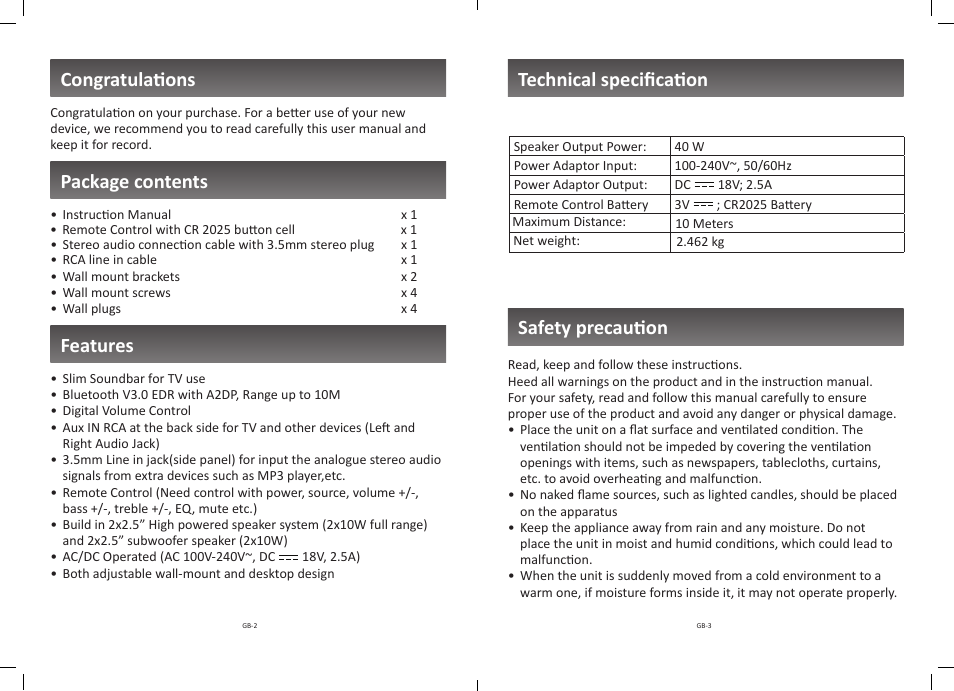 Safety precaution technical specification, Package contents features | Curtis SB323 User Manual | Page 2 / 10