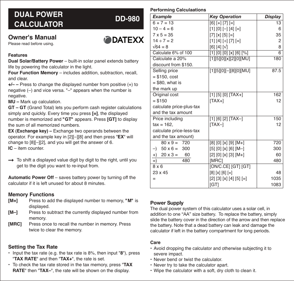 Datexx DD-980 User Manual | 1 page