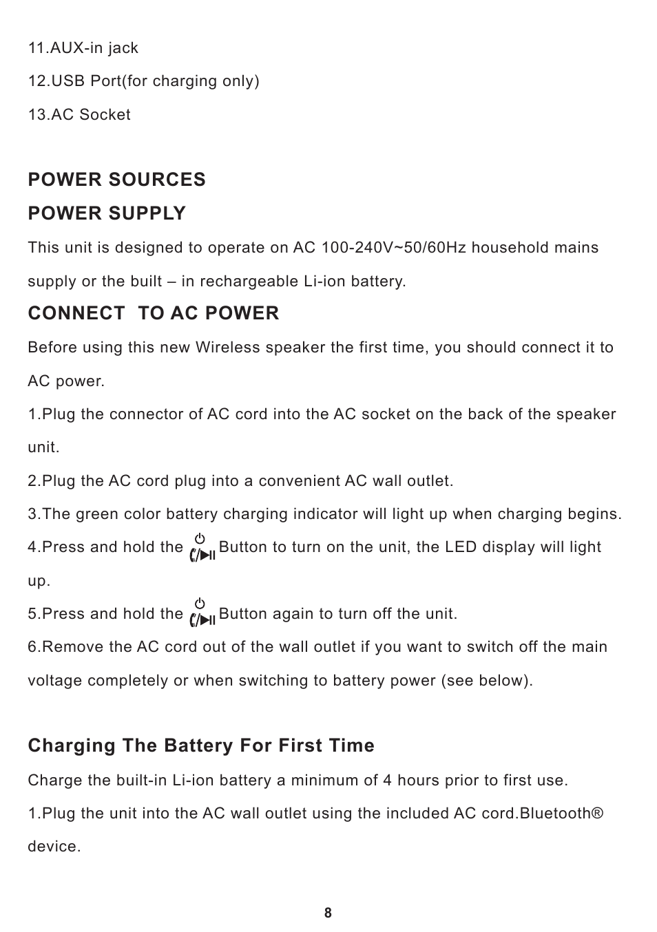 Power sources power supply, Connect to ac power, Charging the battery for first time | Curtis SP399 User Manual | Page 10 / 16