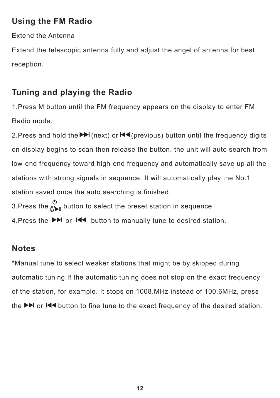 Using the fm radio, Tuning and playing the radio | Curtis SP399 User Manual | Page 14 / 16