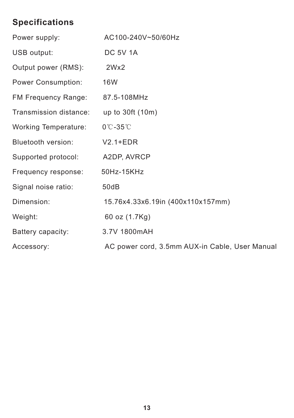 Specifications | Curtis SP399 User Manual | Page 15 / 16