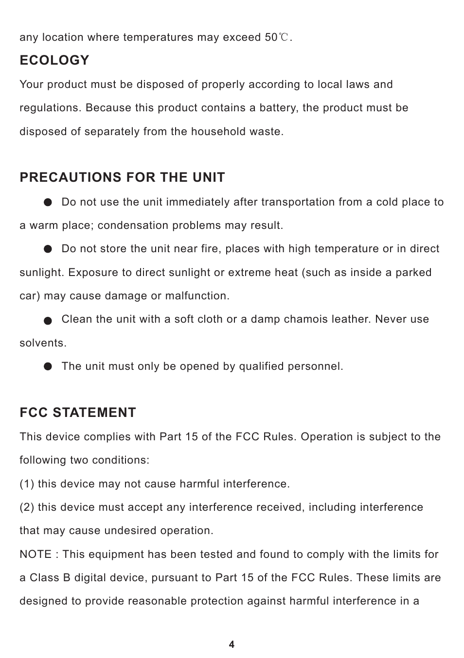 Ecology, Precautions for the unit, Fcc statement | Additional safety information, Important battery information | Curtis SP399 User Manual | Page 6 / 16