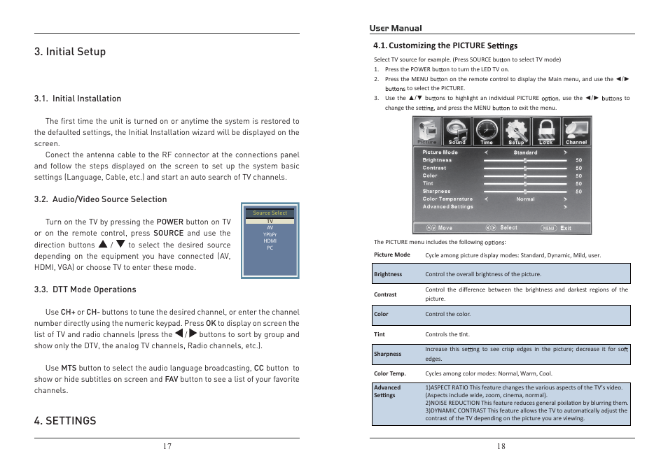 Initial setup, Settings | Curtis RLED2015A User Manual | Page 10 / 18