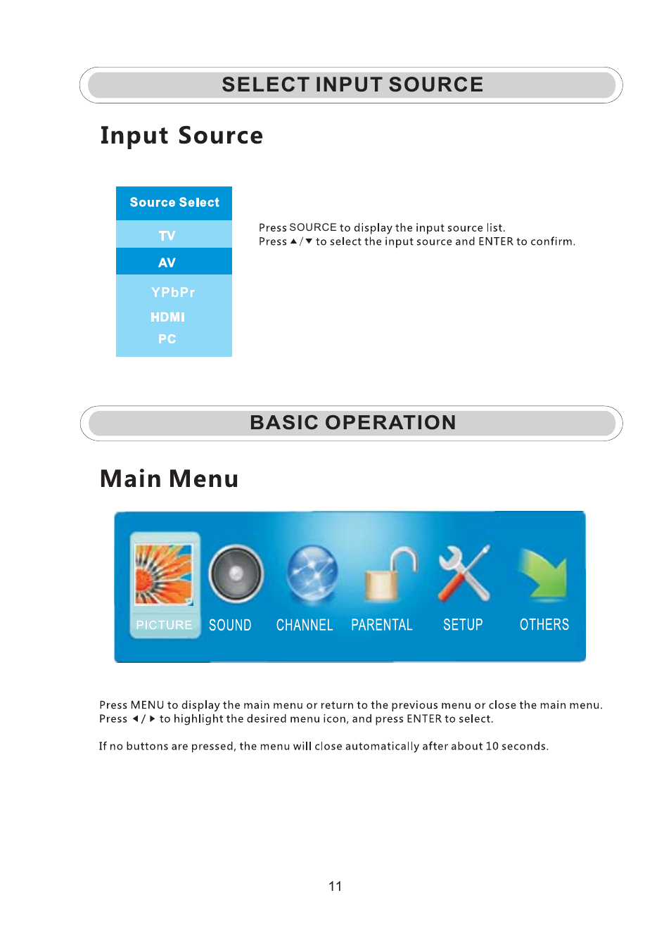Select input source, Basic operation | Curtis RLED2242A-WHITE User Manual | Page 13 / 37