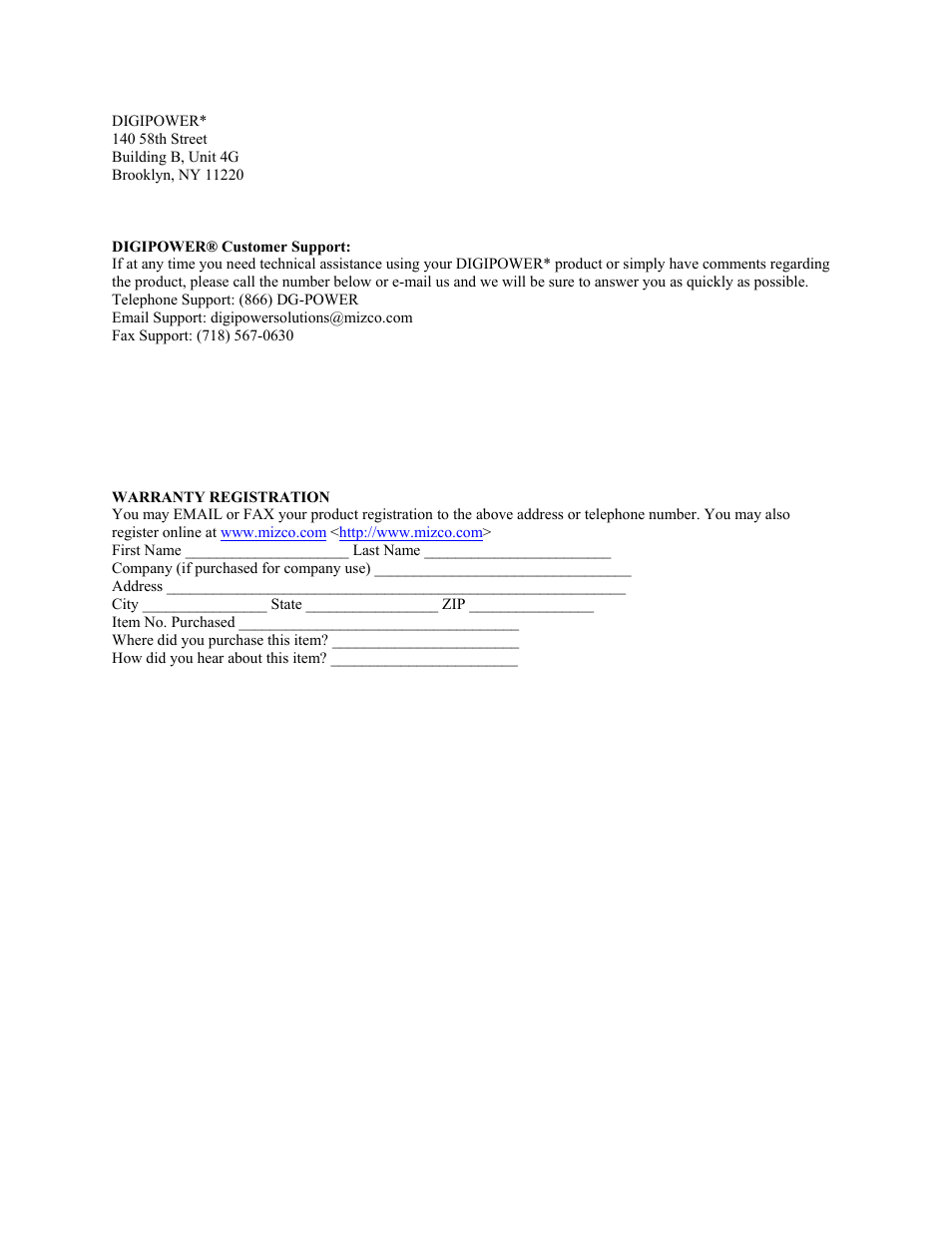 Warranty registration | DigiPower ACD-100 User Manual | Page 2 / 2