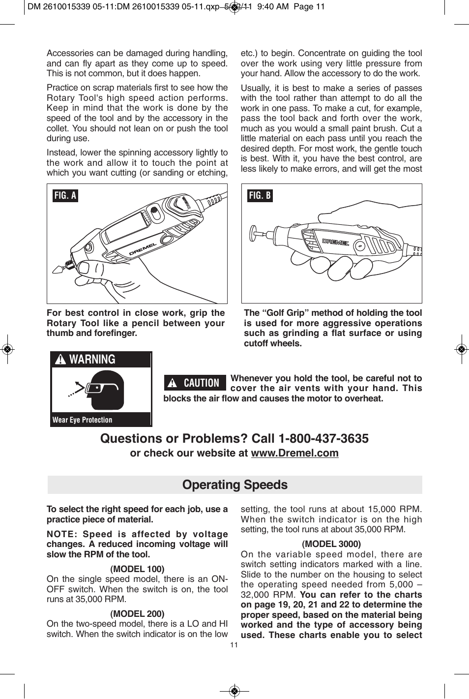 Warning, Operating speeds | Dremel 3000 User Manual | Page 11 / 68