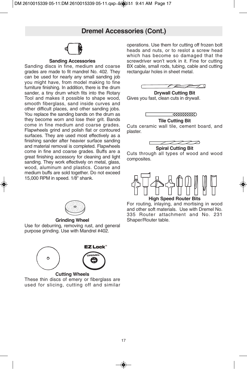 Dremel accessories (cont.) | Dremel 3000 User Manual | Page 17 / 68