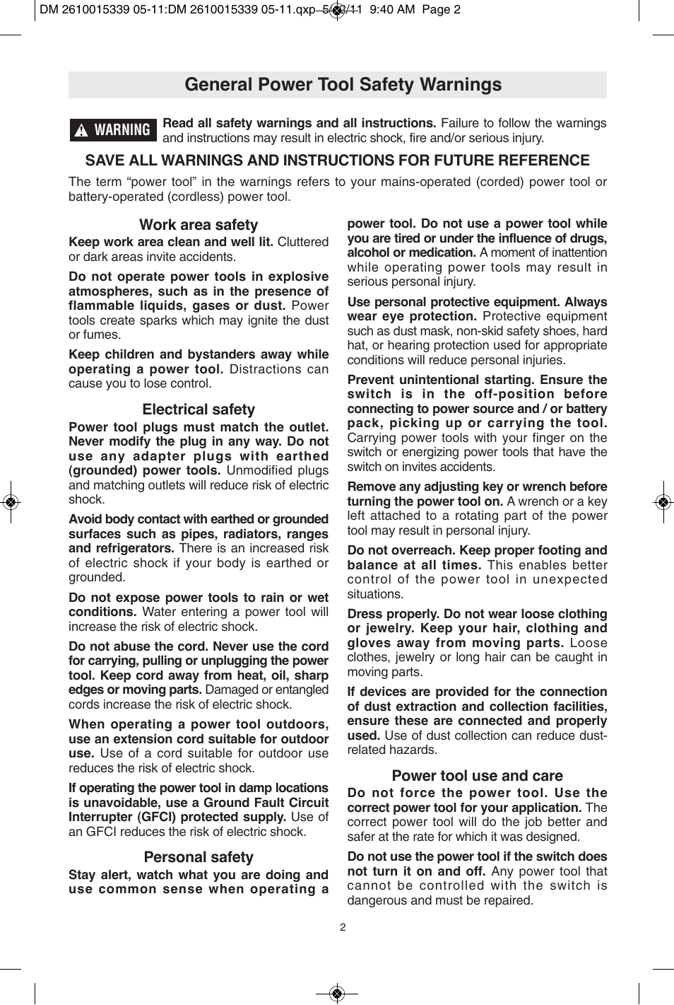 General power tool safety warnings | Dremel 3000 User Manual | Page 2 / 68