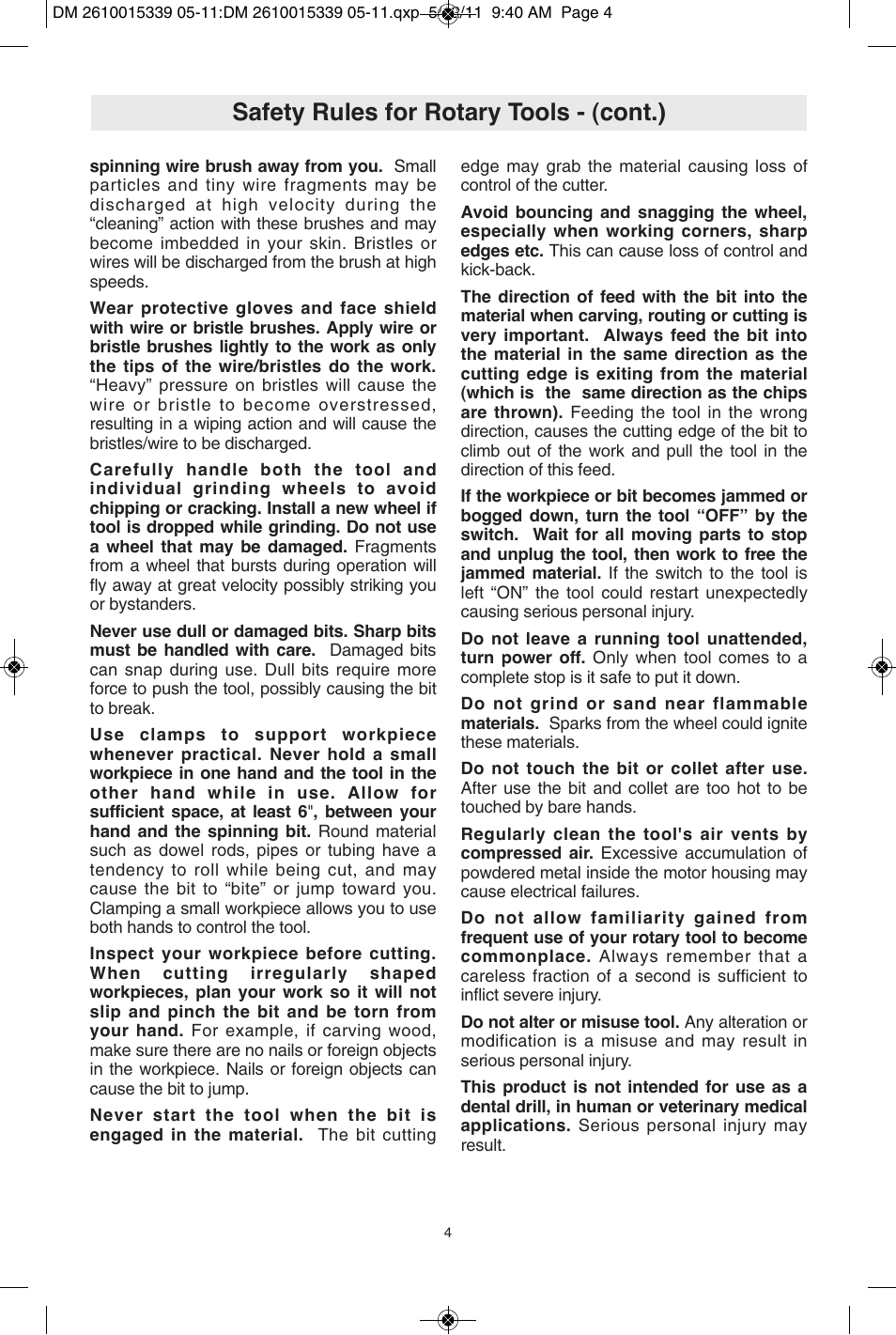 Safety rules for rotary tools - (cont.) | Dremel 3000 User Manual | Page 4 / 68