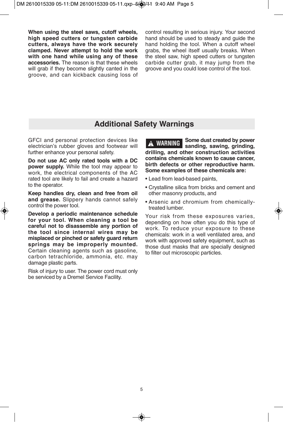 Additional safety warnings | Dremel 3000 User Manual | Page 5 / 68