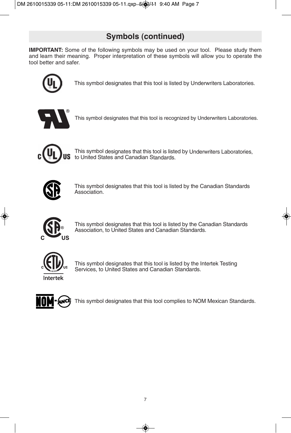 Symbols (continued) | Dremel 3000 User Manual | Page 7 / 68