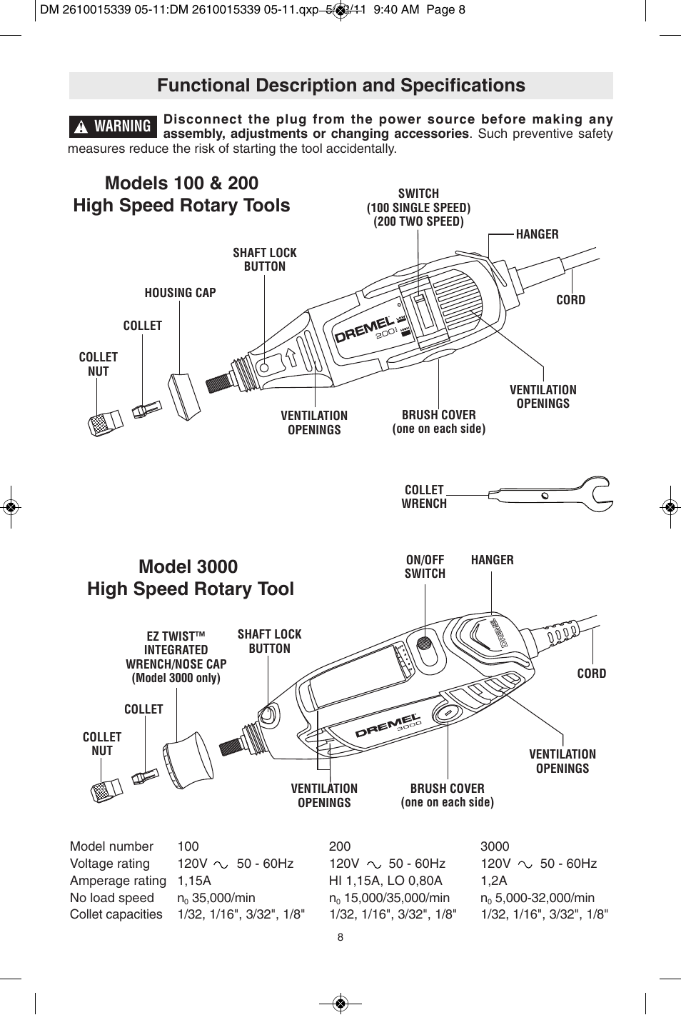 Functional description and specifications | Dremel 3000 User Manual | Page 8 / 68