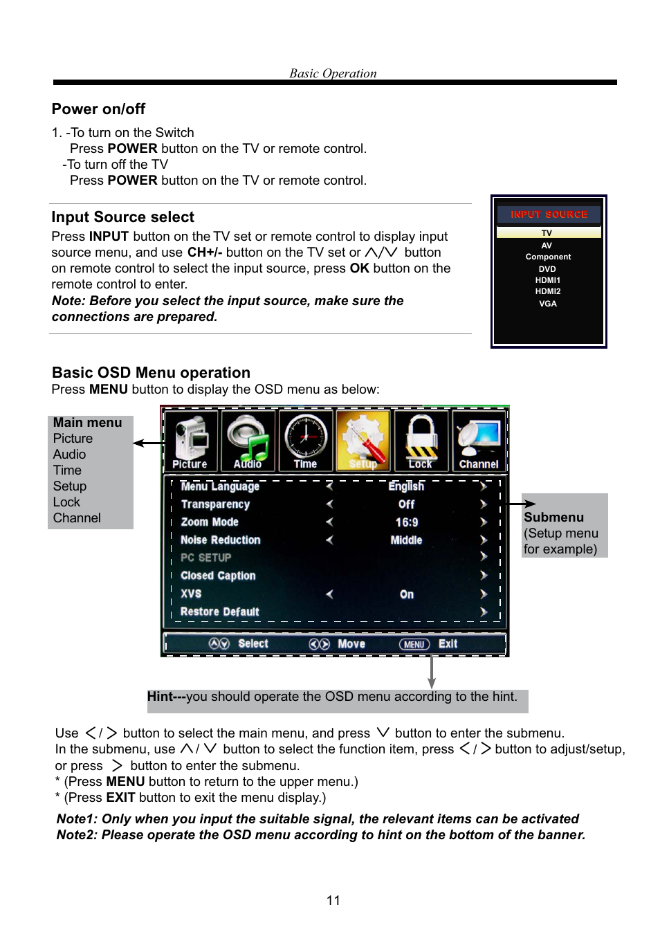 Power on/off, Input source select, Basic osd menu operation | RCA RLEDV2238A-B User Manual | Page 13 / 31