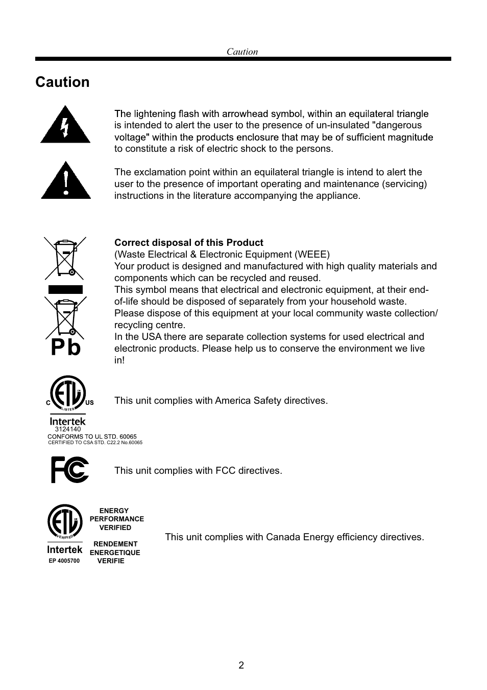 Caution, Lntertek, 2caution | RCA RLEDV2238A-B User Manual | Page 4 / 31