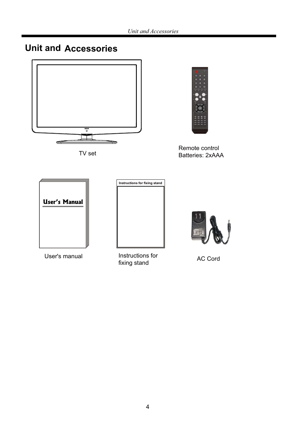 Unit and accessories | RCA RLEDV2238A-B User Manual | Page 6 / 31