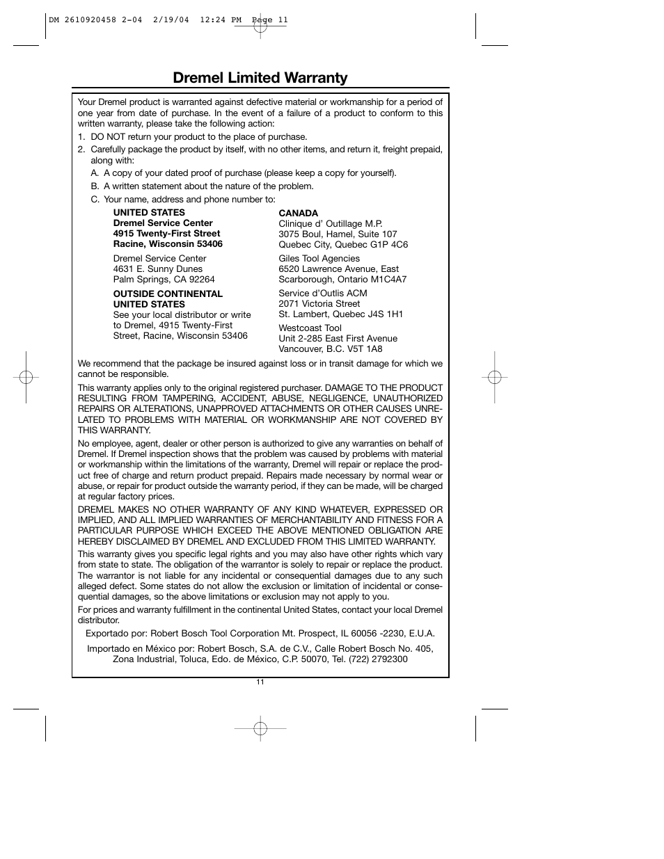 Dremel limited warranty | Dremel 335 User Manual | Page 11 / 36