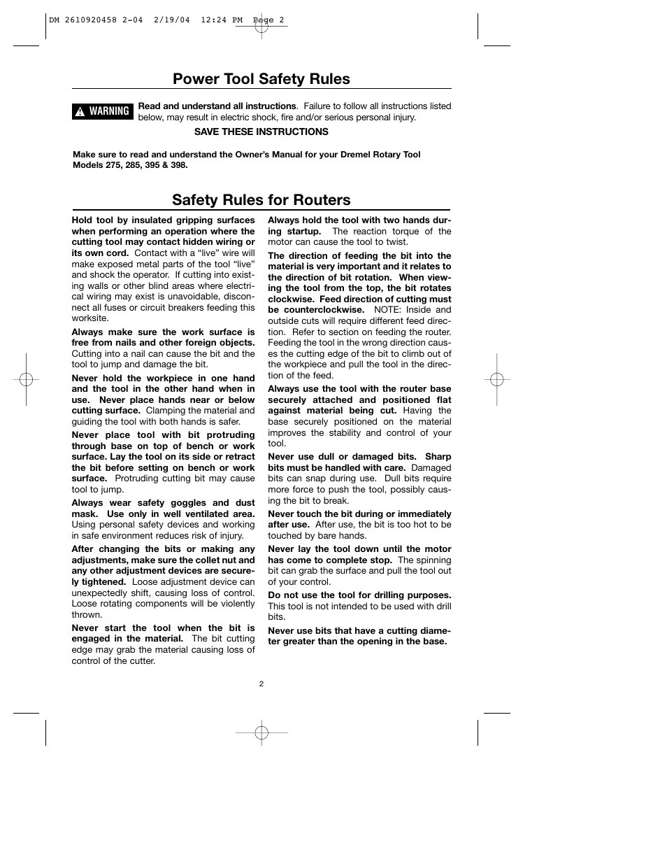 Power tool safety rules, Safety rules for routers | Dremel 335 User Manual | Page 2 / 36