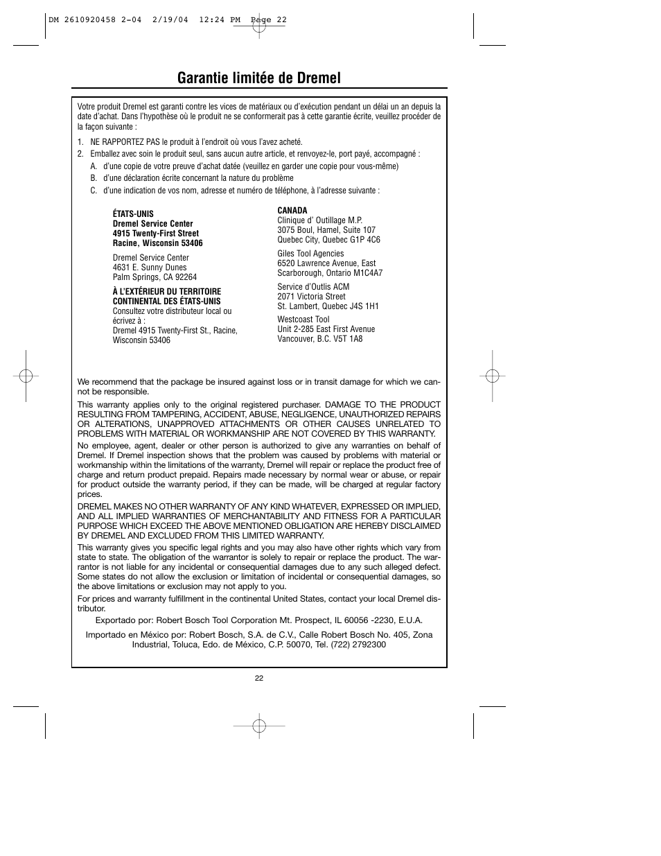 Garantie limitée de dremel | Dremel 335 User Manual | Page 22 / 36