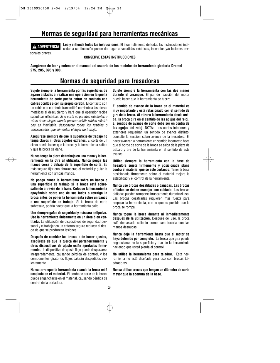 Normas de seguridad para herramientas mecánicas, Normas de seguridad para fresadoras | Dremel 335 User Manual | Page 24 / 36