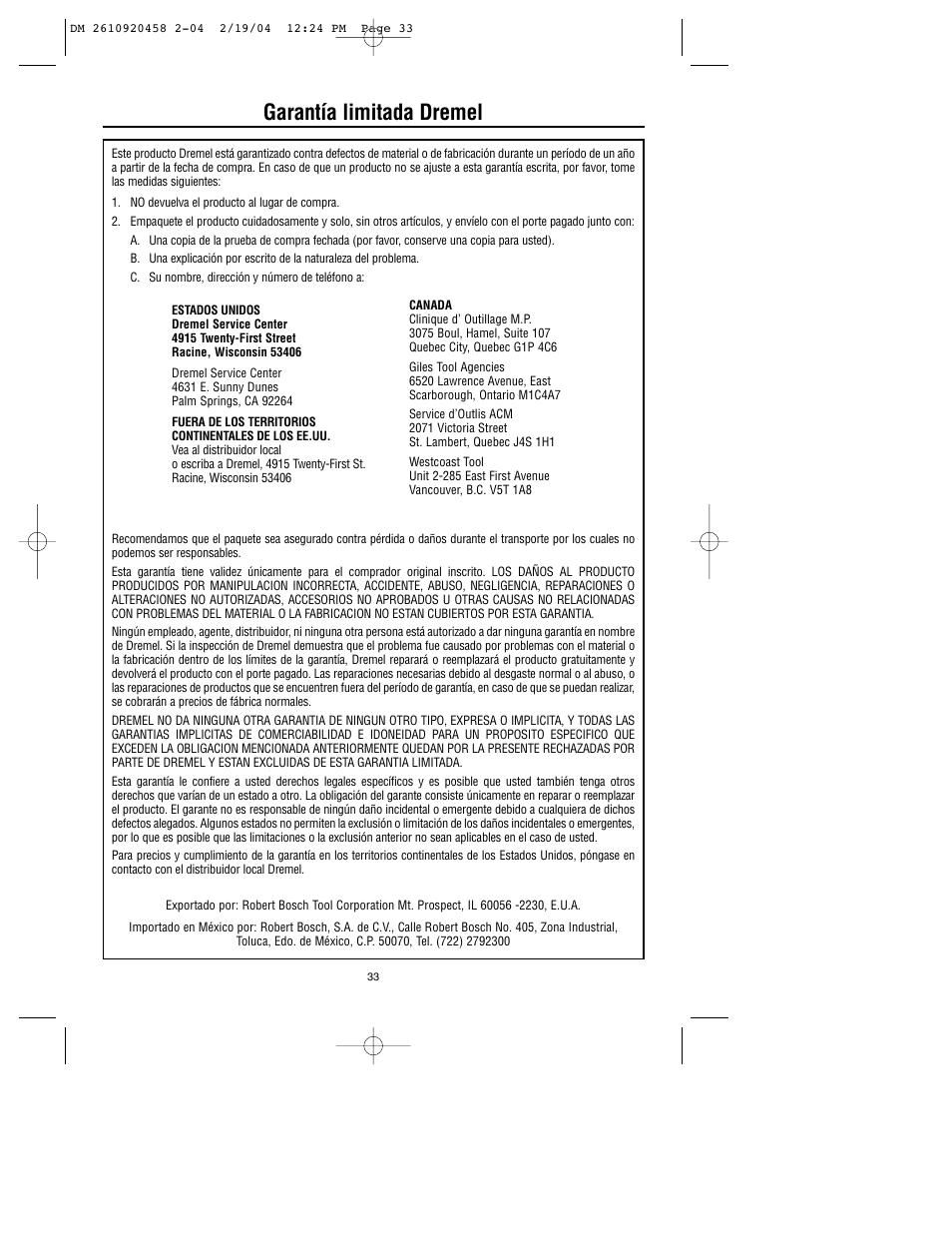 Garantía limitada dremel | Dremel 335 User Manual | Page 33 / 36