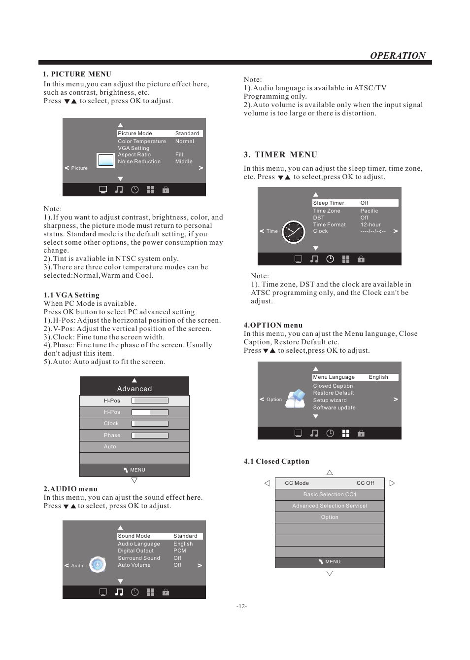 Operation, Timer menu | Curtis RLEDV2680A User Manual | Page 13 / 22