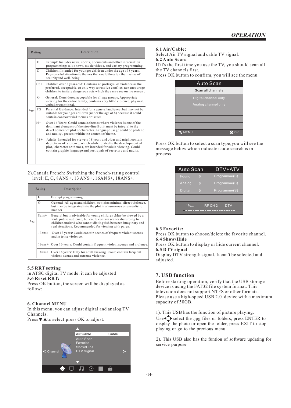 Operation, Usb function, Auto scan | Auto scan dtv+atv | Curtis RLEDV2680A User Manual | Page 15 / 22