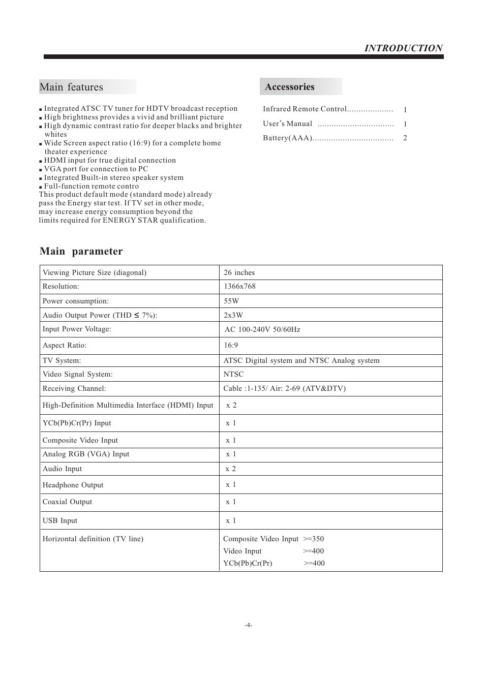 Main features, Main parameter, Accessories | Introduction | Curtis RLEDV2680A User Manual | Page 5 / 22