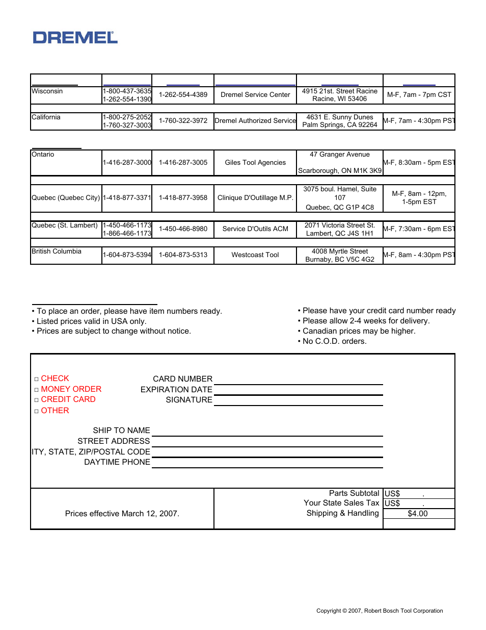 Service parts order form, Orders - customer service - technical assistance, General information | Dremel 7.2V Cordless Rotary Tool 750-2 User Manual | Page 2 / 2