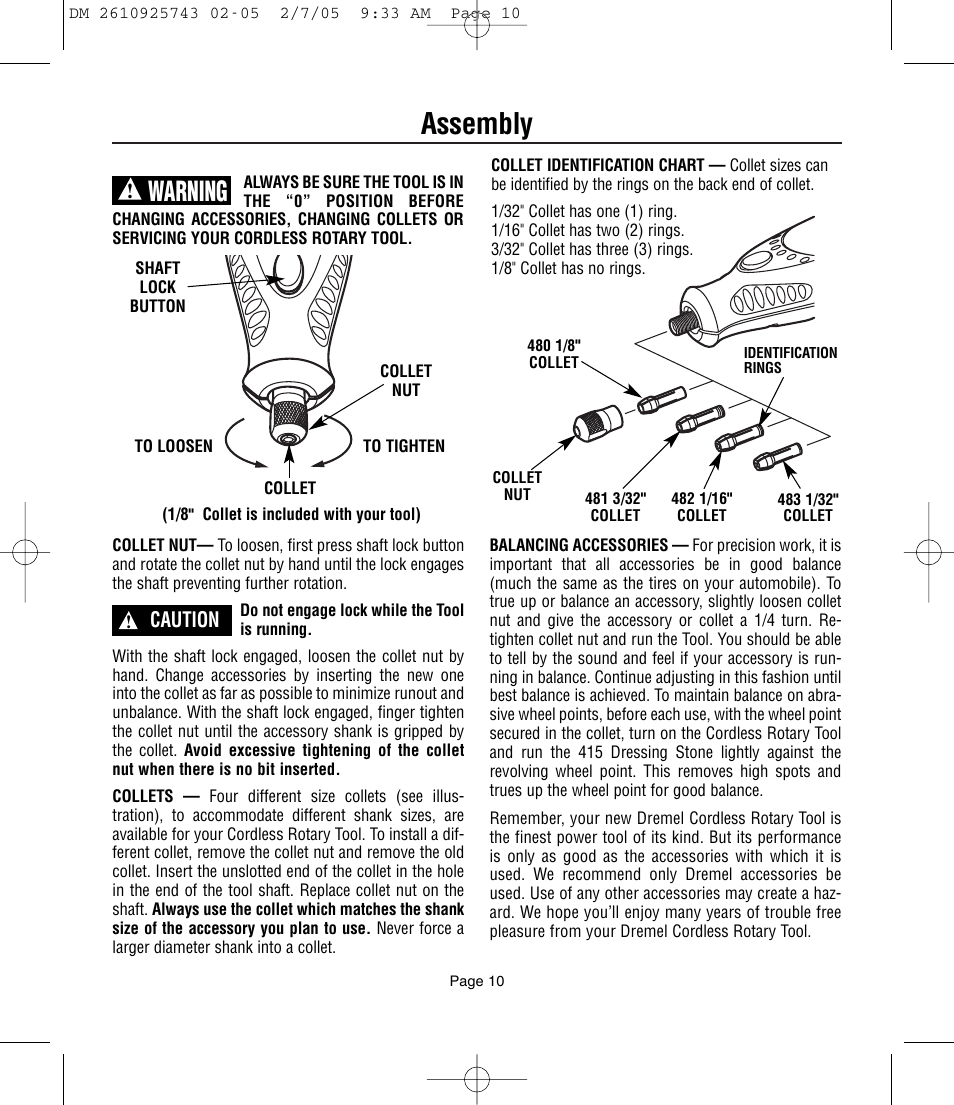 Assembly, Warning, Caution | Dremel 770 User Manual | Page 10 / 68