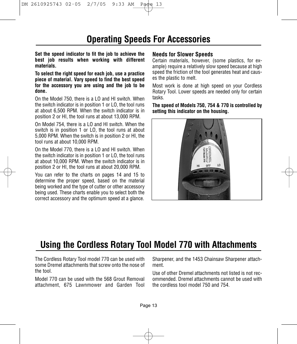 Operating speeds for accessories | Dremel 770 User Manual | Page 13 / 68