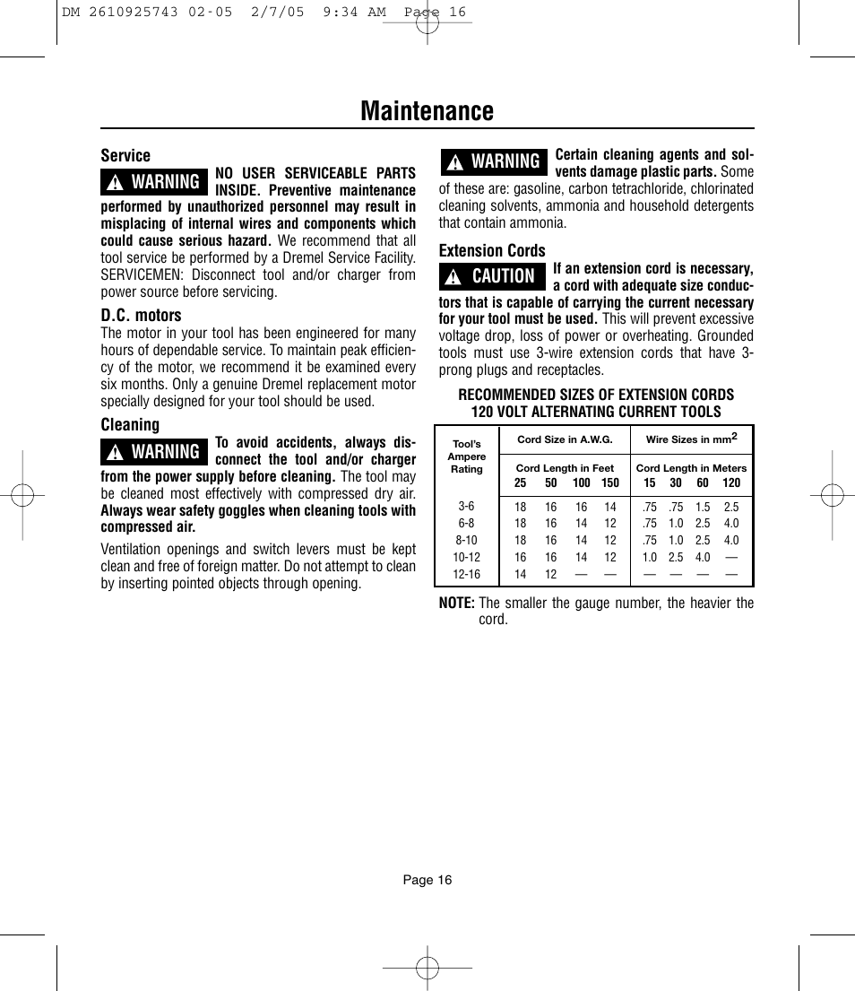Maintenance, Warning, Caution | Service, D.c. motors, Cleaning, Extension cords | Dremel 770 User Manual | Page 16 / 68