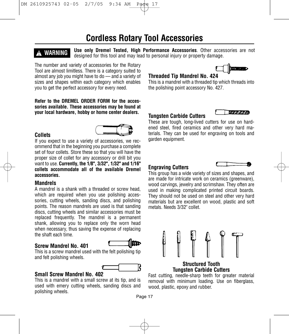 Cordless rotary tool accessories | Dremel 770 User Manual | Page 17 / 68