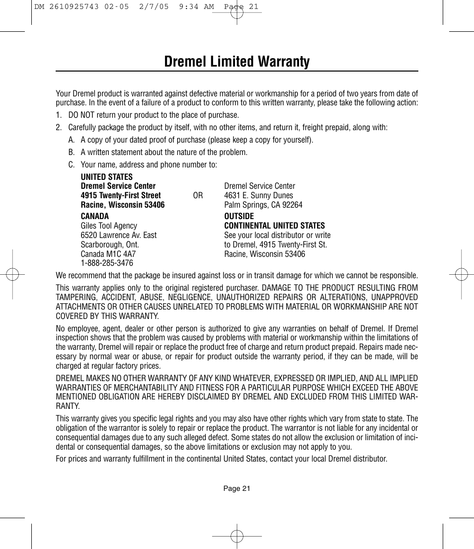 Dremel limited warranty | Dremel 770 User Manual | Page 21 / 68
