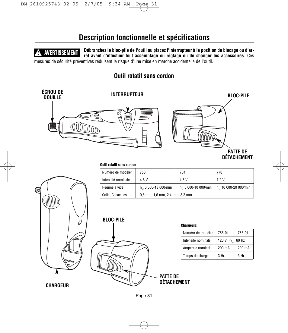 Description fonctionnelle et spécifications, Avertissement, Outil rotatif sans cordon | Dremel 770 User Manual | Page 31 / 68