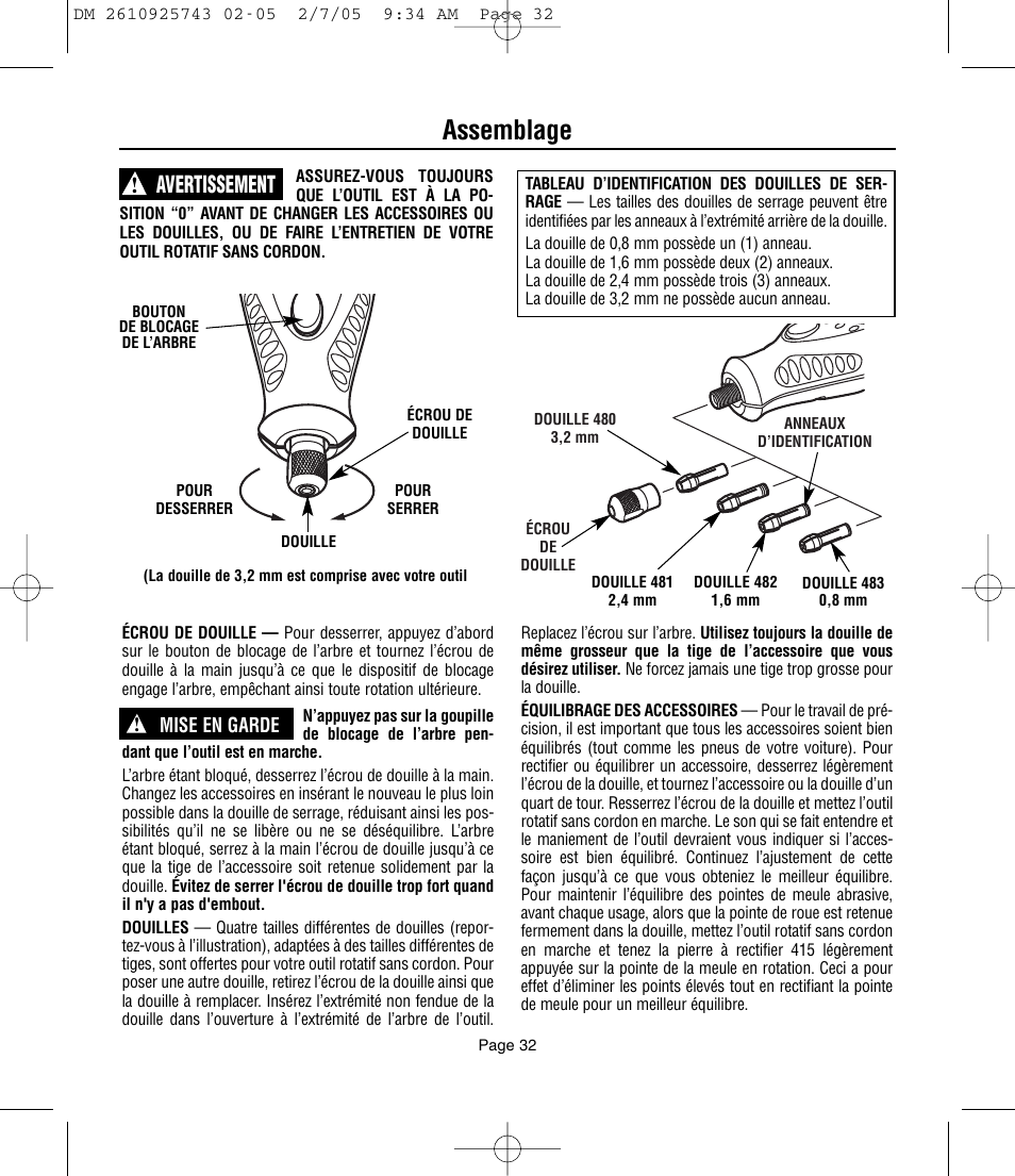 Assemblage, Avertissement | Dremel 770 User Manual | Page 32 / 68