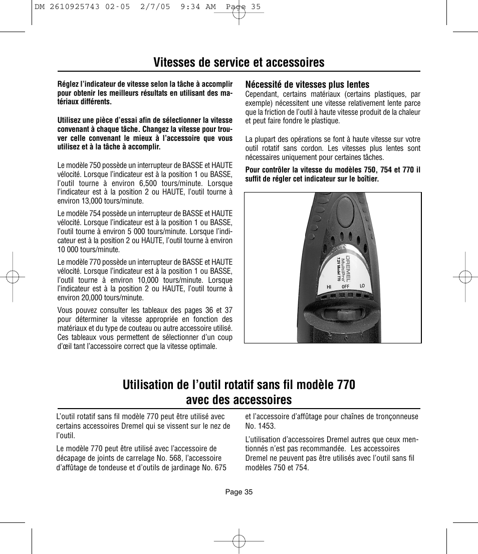 Vitesses de service et accessoires | Dremel 770 User Manual | Page 35 / 68