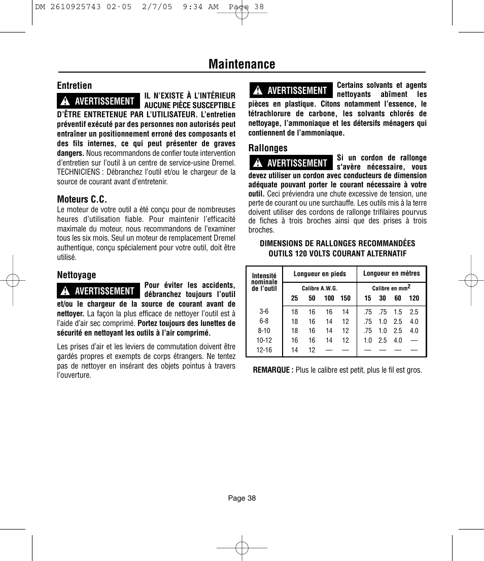 Maintenance, Entretien, Moteurs c.c | Nettoyage, Rallonges | Dremel 770 User Manual | Page 38 / 68