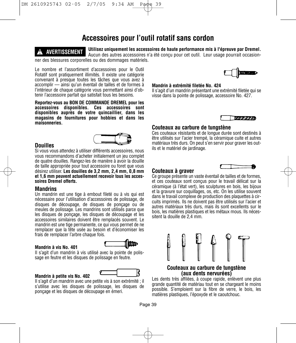 Accessoires pour l’outil rotatif sans cordon | Dremel 770 User Manual | Page 39 / 68