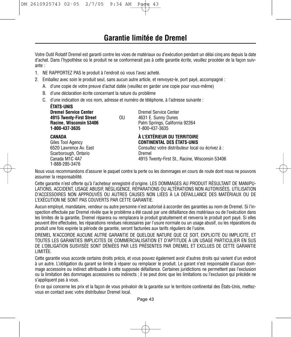 Garantie limitée de dremel | Dremel 770 User Manual | Page 43 / 68