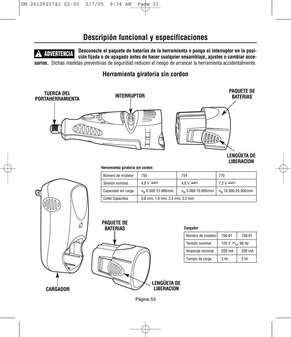 Descripión funcional y especificaciones, Advertencia, Herramienta giratoria sin cordon | Dremel 770 User Manual | Page 53 / 68