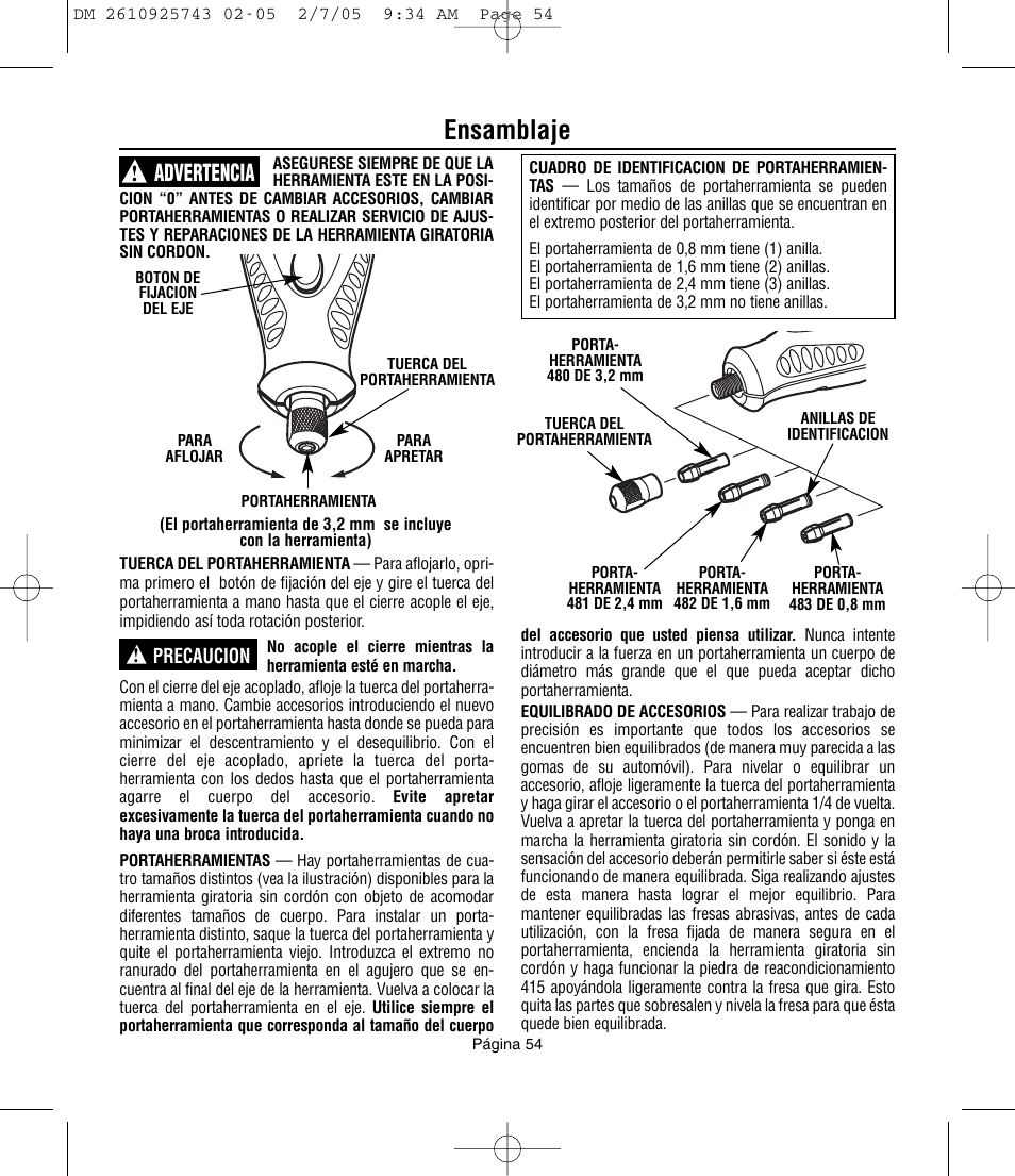 Ensamblaje, Advertencia | Dremel 770 User Manual | Page 54 / 68