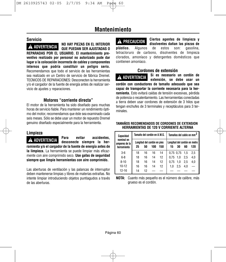 Mantenimiento, Servicio, Motores “corriente directa | Limpieza, Cordones de extensión | Dremel 770 User Manual | Page 60 / 68