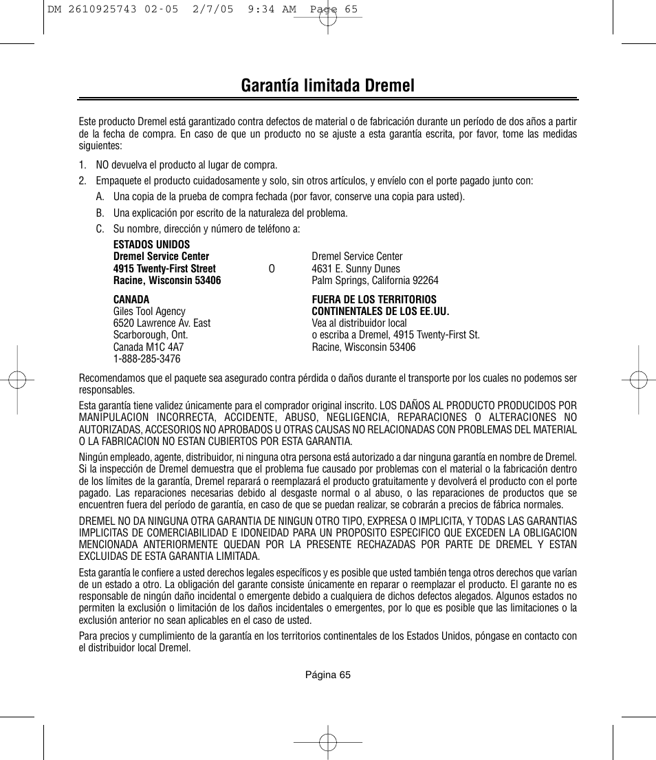 Garantía limitada dremel | Dremel 770 User Manual | Page 65 / 68