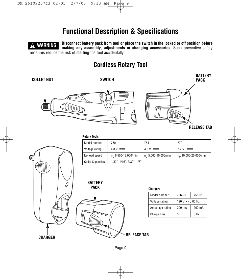 Functional description & specifications, Cordless rotary tool, Warning | Dremel 770 User Manual | Page 9 / 68