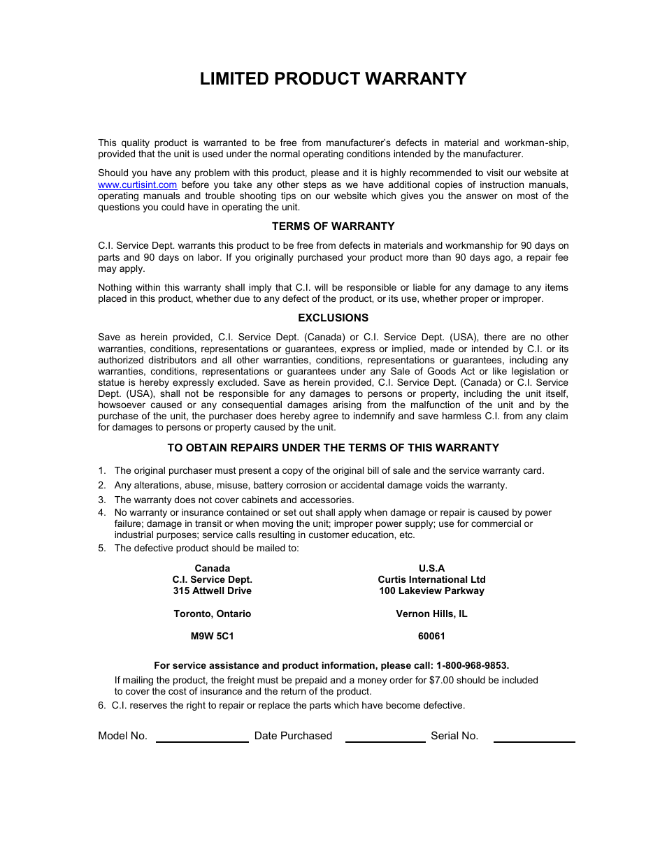 Warranty, Limited product warranty | Curtis SIP533 User Manual | Page 8 / 8