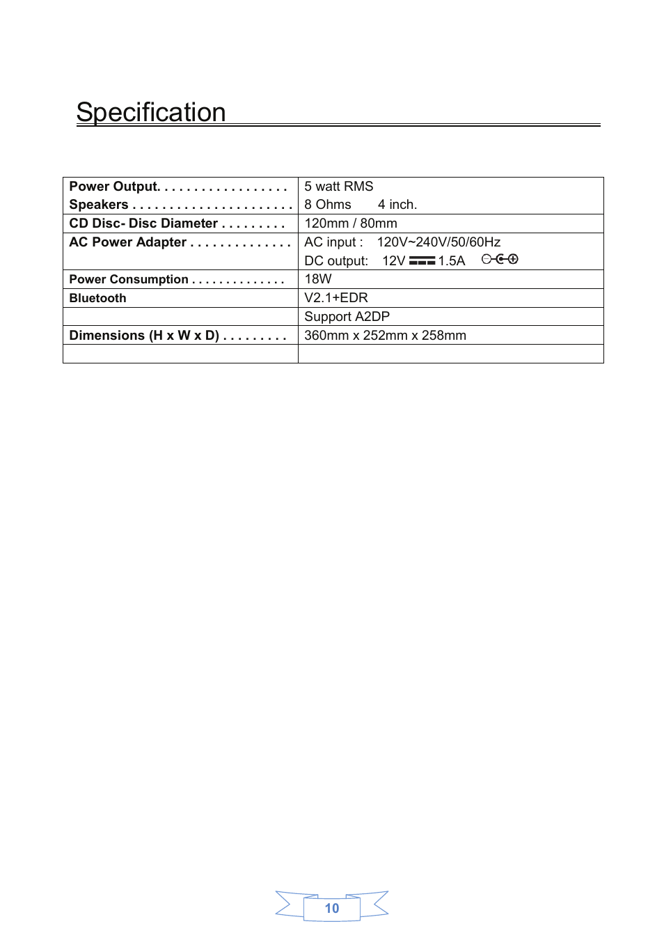 Specification | Curtis SKAR122BT User Manual | Page 11 / 12